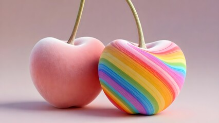 Artistic rainbow swirl cherry with pink heart fruit. Creative design concept and colorful food styling. Elegant textured berries in a bright minimalist composition.