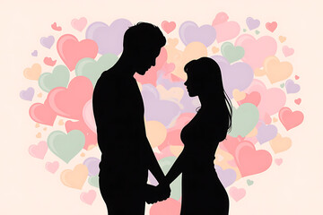 Loving couple holding hands in front of colorful heart background