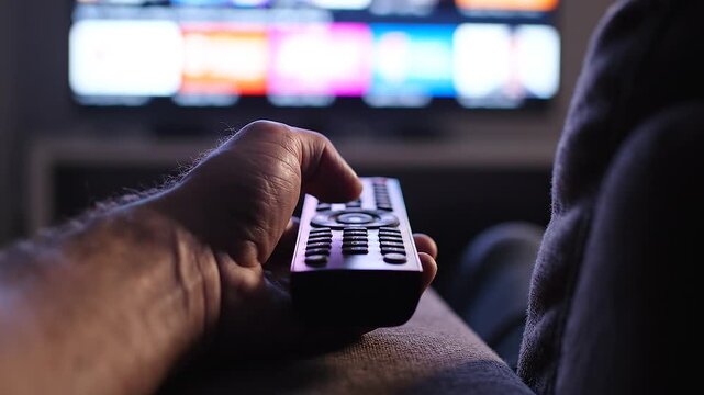 Person holding TV remote control.