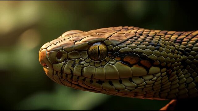 Close-up of a Green Anaconda Snake s Head with Intense Golden Eye in Lush Rainforest Environment - Wildlife Documentary Footage for Nature and Science Projects