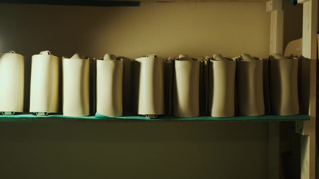 Handheld parallel tracking shot along finished leather products arranged on workshop shelf. Focus on uniform shapes, soft texture and warm lighting in craft production environment.