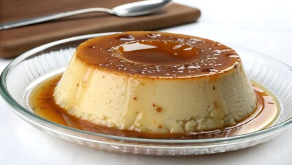Creamy custard flan with dark amber caramel sauce served in glass dish on white tablecloth