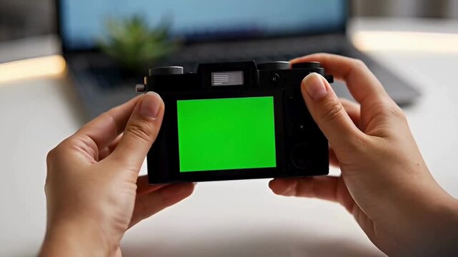Hands holding digital camera with green screen display close-up shot for editing background footage