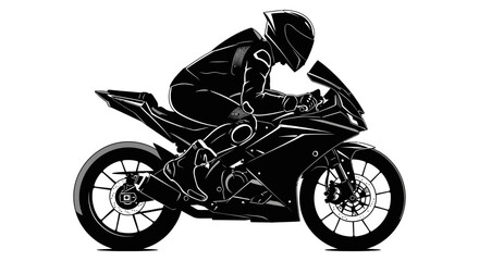 A dynamic silhouette of a motorcyclist racing on a modern sportbike against a white background © AvenLys20