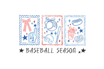Fototapeta premium Baseball Season Postage Stamps With Bows And Hotdog Sublimation Design