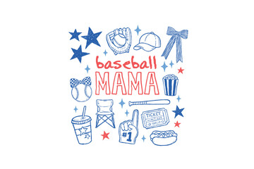 Fototapeta premium Baseball Mama Text With Cute Game Day Icons Sublimation Design