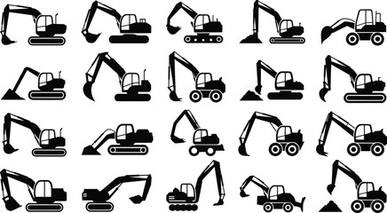 Excavator and digger icon set, heavy machinery silhouettes, vector construction equipment illustrations, tracked and wheeled excavators for web and print marketing brochures ©  Alexander Creations
