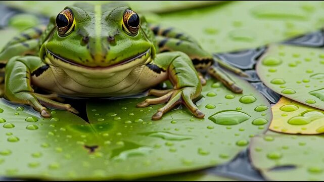 Close-up of a vibrant green frog perched on a lily pad with glistening water droplets showcasing its large eyes and textured skin in a tranquil pond setting
