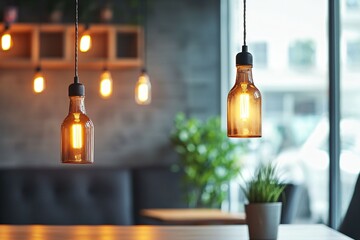 Warm Atmosphere with Stylish Hanging Light Fixtures and Greenery