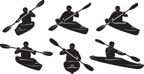 Kayaking silhouette set, person paddling in a kayak on water, water sports adventure, outdoor recreation, rowing athlete, extreme summer activity. © prof.design