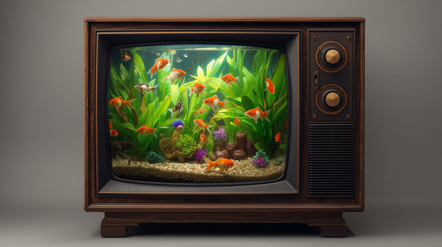 Vintage wooden television set with a slightly distressed finish and ornate details displaying a vibrant aquarium scene filled with bright orange and white goldfish swimming amidst lush green plants 