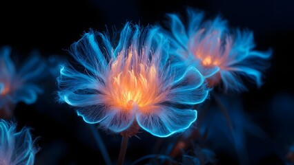 Obraz premium Ethereal fiber optic flowers glowing with blue neon light. High tech nature and digital landscape. Group of fragile luminescent blossoms shining in a dark environment
