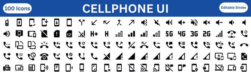 100 Professional Cellphone UI and Mobile Interface Icon Set: Signal Strength, Navigation, and Call Management Symbols