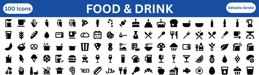 100 Professional Food and Drink Icon Set: Culinary Arts, Beverage Menu, and Grocery Retail Symbols