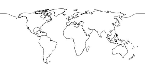 Fototapeta premium Continuous one line drawing of world map with continents, depicting exploration and geography, line art style illustration.