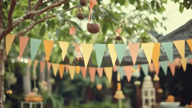 Colorful triangle flags strung outdoors