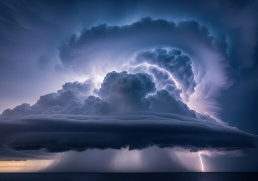 A massive, ominous, dark cumulonimbus cloudscape dominates the horizon during a powerful summer electrical thunderstorm with heavy rain, power, electric, approaching
