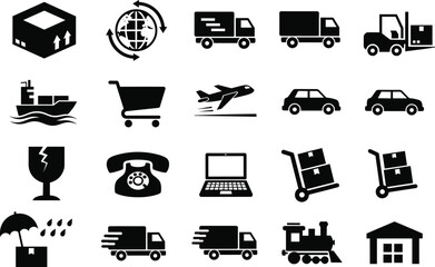 Black and white vector icons of logistics, transportation, shipping, warehouse, cargo, delivery, global supply chain, and e‑commerce operations in grid © Milan