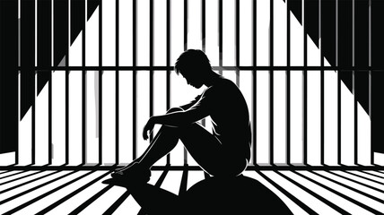 Lonely person sitting in prison cell silhouette behind bars, dramatic black and white vector illustration about isolation, mental health and confinement concept