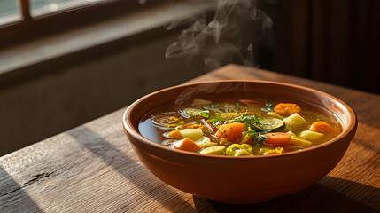 Warm healthy soup on a sunlit wooden table high-resolution photo
