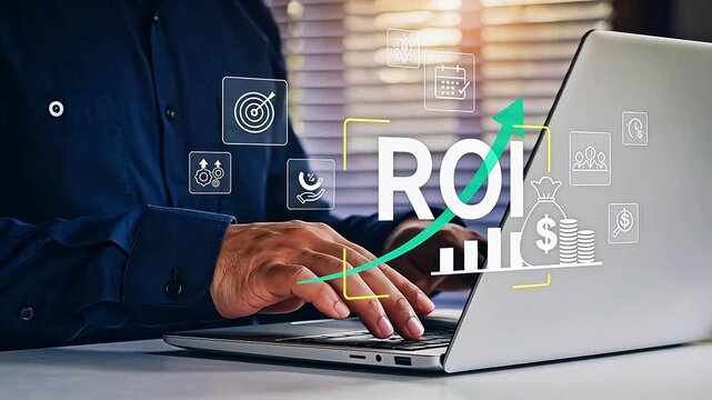 Businessman analyzing ROI on laptop