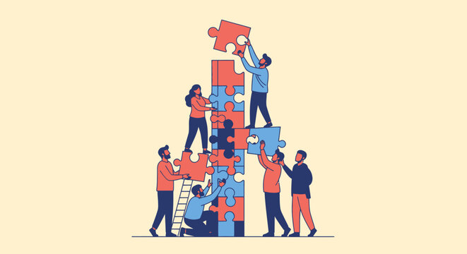 Diverse business team collaborating to assemble large puzzle pieces, illustrating teamwork and innovation, in bright studio.