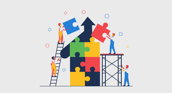 Business team collaborating to build a giant puzzle, concept of teamwork and problem-solving, in bright studio.