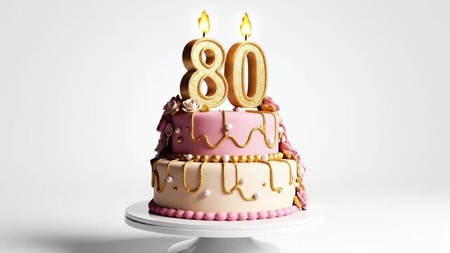 Elegant 80th Birthday Cake with Candles on White Background