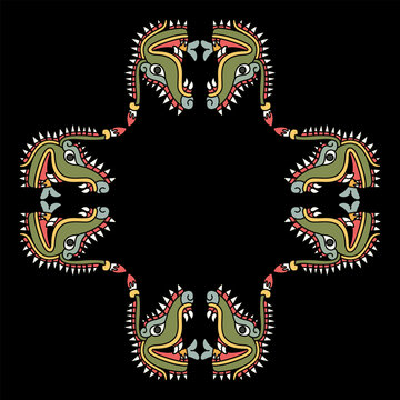 Geometrical ethnic design or cross shape frame with heads of fantastic monsters Cipactli. Aztec mythology. On black background.