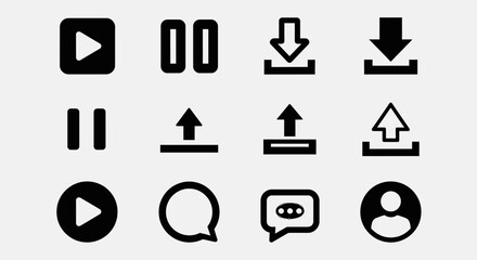 Fototapeta premium Essential Black Media Player and Communication Icons Set Including Play, Pause, Download, Upload, and Message on a Bright Studio Background