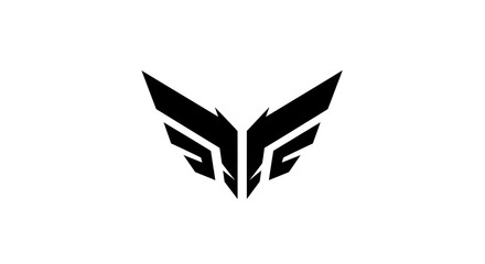 A striking black abstract logo featuring two symmetrical, stylized wing-like or shield-like shapes on a clean white background, conveying a sense of power and modernity. © IMRONI