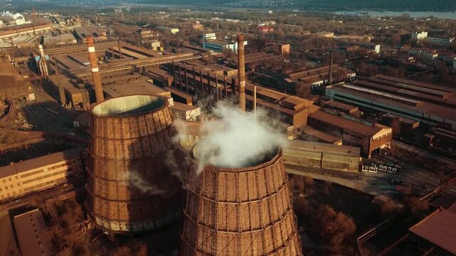 Factory plant smoke from chimneys metallurgical plant drone flyover