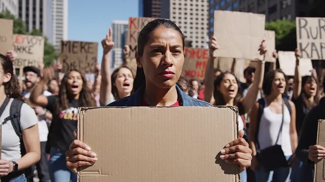 Protesters marching with blank signs in city.