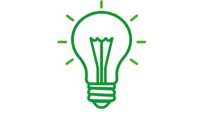 A simple, green-outlined image depicting a lit lightbulb, radiating outward with stylized rays, and showcasing the internal filament