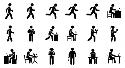 Collection of black silhouette icons depicting people performing various daily activities and actions