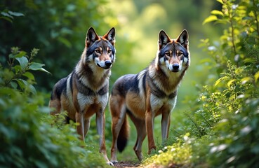 Fototapeta premium Two grey wolves stand alert in green forest underbrush. Animals observe surroundings attentively, alert for any movement. Majestic predators appear wild, watchful and aware.