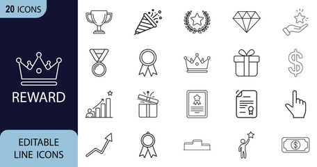 Reward web line art icon set. Trophy, medal, bonus, ribbon, certificate, award, crown collection. Vector illustration. © Mahinur