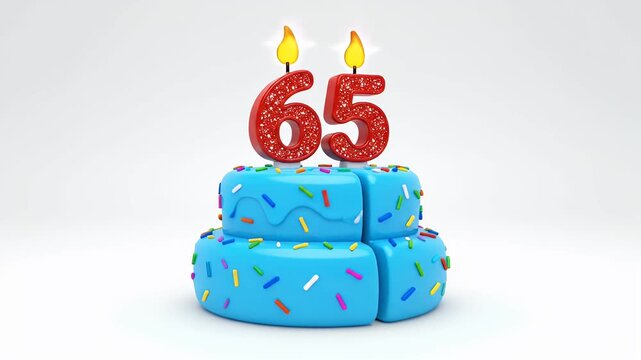 Blue birthday cake with 65 candles and colorful sprinkles