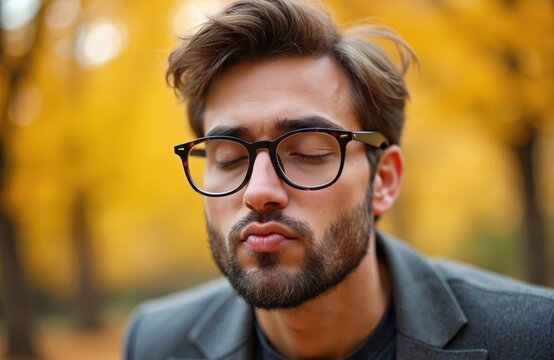 Man with glasses and beard puckers lips, eyes closed. He waits for a kiss outdoors with yellow autumn trees. Hesitation before romantic moment.