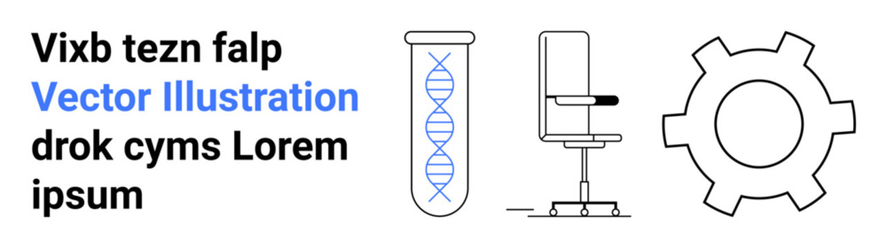 DNA strand in a test tube, ergonomic office chair, large cogwheel outline. Ideal for innovation, research, technology, workspace setup, industry mechanics, scientific progress simple landing page