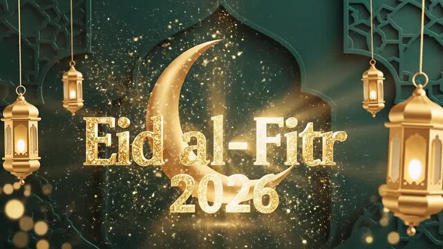 Eid al-Fitr 2026 greeting card with green and gold mosque