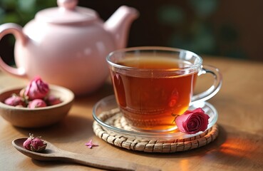 Fototapeta premium Rose tea in clear glass cup with dried buds in bowl and pink teapot. Herbal drink prepared with natural ingredients for wellness and relaxation. Enjoy a healthy beverage.