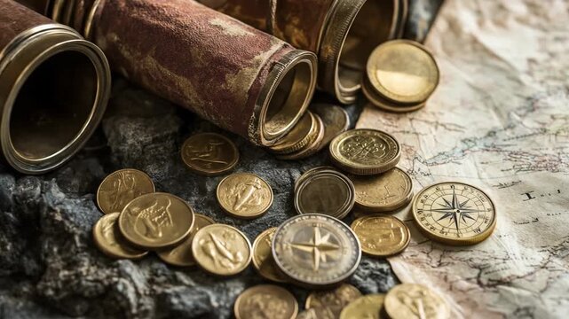 Vintage map with compass and coins depicting exploration and discovery