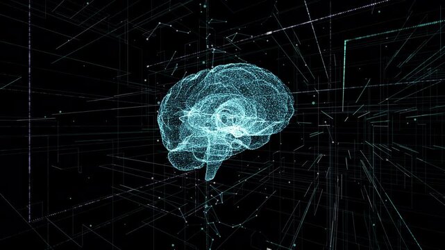 Digital Brain Wireframe Surrounded by Data Grid Representing Artificial Intelligence, Neural Networks and Technology; Looping