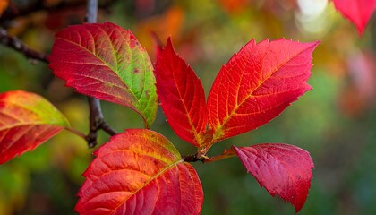 Close-up reveals vibrant red & orange autumn leaves, some tinged with green, against a blurred bokeh background
