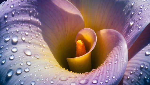 Swirling purple lily with many small dew drops. Natural fractals and botanical art. View looking into the center of a spiral flower petal with moisture