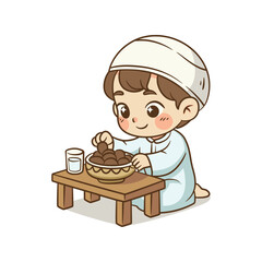 Little Muslim boy eating dates from a bowl at a wooden table