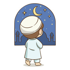 Muslim boy looking at mosque and crescent moon through window frame