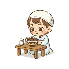 Young Muslim boy waiting for Iftar meal with bowl and water