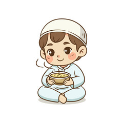 Cute Muslim boy sitting cross-legged holding a bowl of warm food